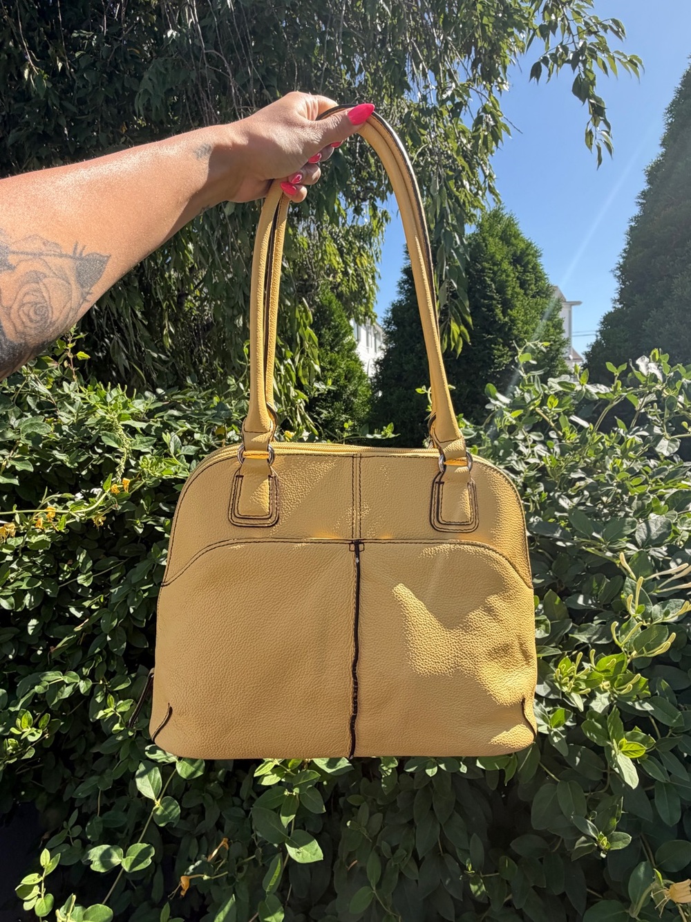 Tignanello Yellow Multi-Pocket Leather Satchel Shoulder Bag Purse